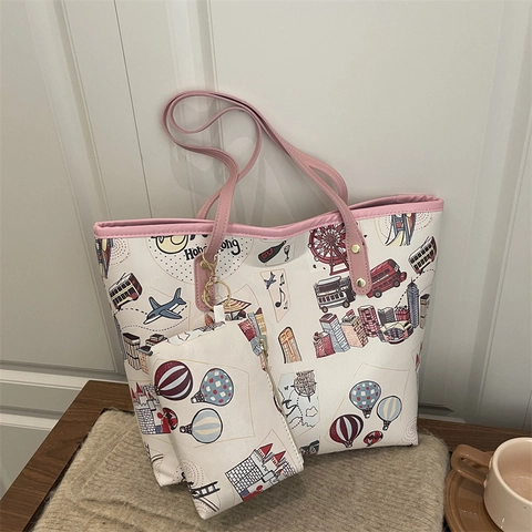 Große Kapazität PU Leder Damen Tote Bag Und Beutel Cartoon Stadt Illustration Druck Handtasche Künstlerische Umhängetasche