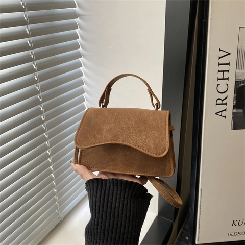 Vintage Women PU Leather Wave Edge Mini Shoulder Bag Retro Casual Crossbody Handbag Small Square Purse