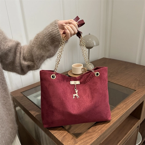 Vintage Damen Tote Bag Wildlederoptik Große Kapazität Schultertasche Mit Goldener Kette Und Hirsch Anhänger