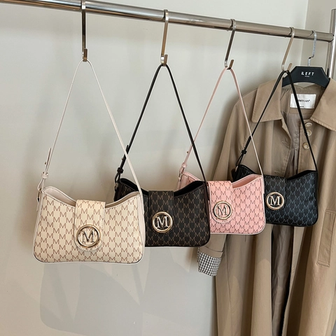 Bolso de Hombro Vintage para Mujer en Cuero PU con Estampado de Monograma Hebilla de Metal Dorado Bolso de Moda Diario