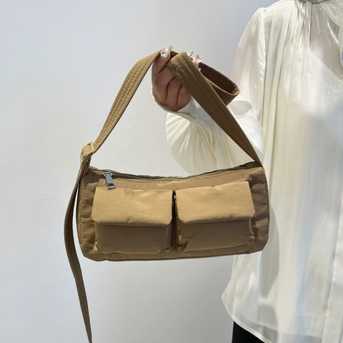 Women Fashion Utility Nylon Crossbody Bag Large Capacity Padded Shoulder Bag Solid Candy Color Street Style Double Pocket