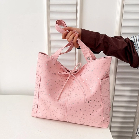Bolso Tote de Nailon con Estampado de Estrellas para Mujer Gran Capacidad Bolso de Hombro Casual con Bolsillos Laterales Versátil