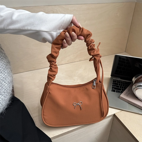 Sac Sous le Bras Plissé Tendance pour Femmes en Nylon avec Nœud Sac à Épaule Casual Hobo Minimaliste Couleur Unie avec Fermeture Éclair