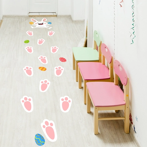 Easter Bunny Footprints And Colorful Eggs Floor Stickers PVC Waterproof Removable Wall Decals For Kids Room Party Decor