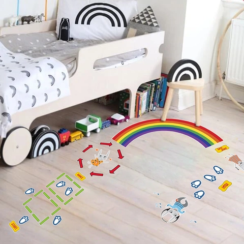 Rainbow Obstacle Course Game Floor Sticker Waterproof PVC Cartoon Rabbit Interactive Decorative Decal For Kids Room Fun