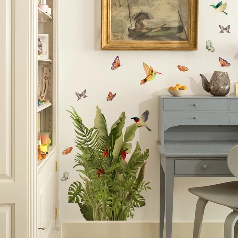 Adesivi Murali Piante Verdi Tropicali PVC Autoadesivi Colibrì Farfalla Foglie Di Monstera Decorazione Per Soggiorno