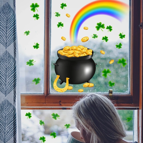 Pegatinas Ventana San Patricio Estáticas PVC Trébol Arcoíris Olla De Oro Calcomanías Cristal Decoración Festiva