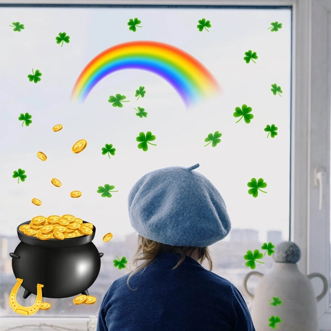 Pegatinas Ventana San Patricio Estáticas PVC Trébol Arcoíris Olla De Oro Calcomanías Cristal Decoración Festiva