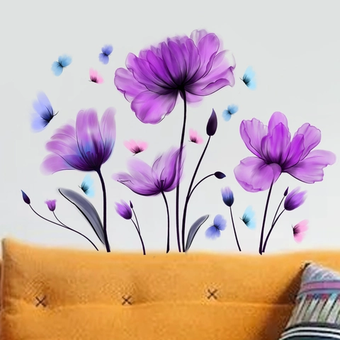 Purple Tulip Flower And Butterfly Wall Stickers PVC Watercolor Floral Decals Removable Self-Adhesive Home Decor