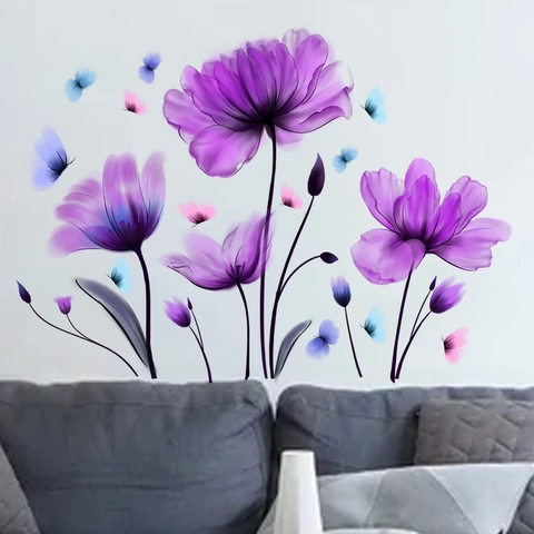 Purple Tulip Flower And Butterfly Wall Stickers PVC Watercolor Floral Decals Removable Self-Adhesive Home Decor