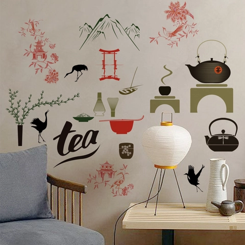 Zen Tea Culture Wall Stickers Chinese Style PVC Removable DIY Wall Art Decals With Crane Landscape For Living Room Decor