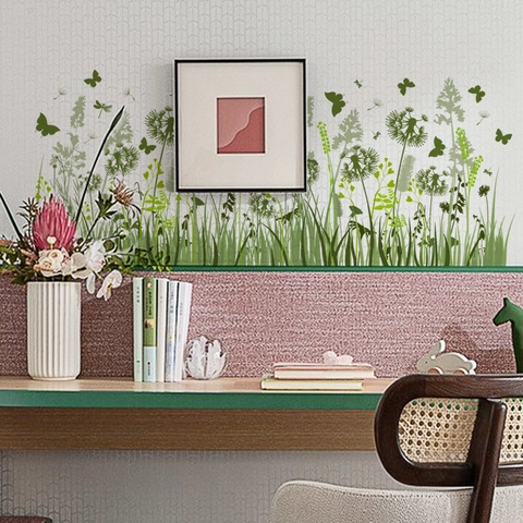 Fresh Green Grass Dandelion Butterfly Wall Stickers PVC Removable Floral Decals For Living Room Bedroom Skirting Decor