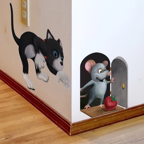 Autocollants Muraux Chat Et Trou De Souris Dessin Animé PVC Effet Visuel 3D Auto-adhésif Décoration Pour Coin Salon