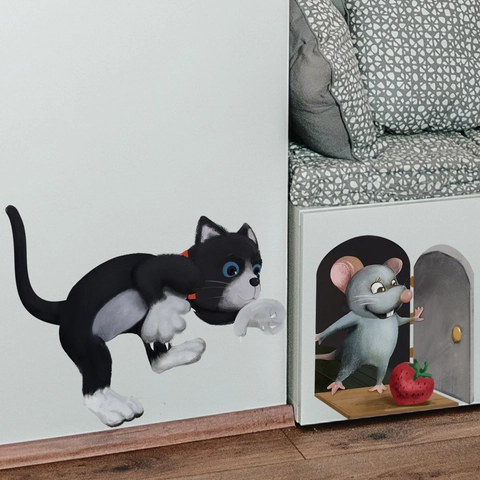 Autocollants Muraux Chat Et Trou De Souris Dessin Animé PVC Effet Visuel 3D Auto-adhésif Décoration Pour Coin Salon