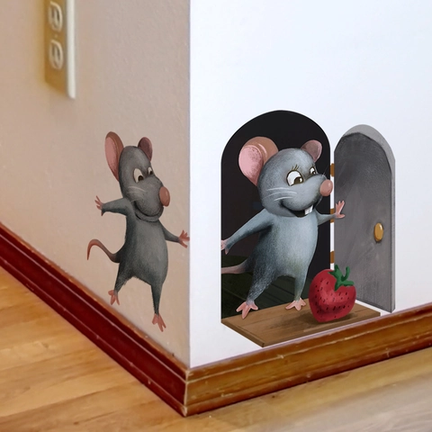 Sticker Mural en PVC Trou de Souris Cartoon 3D Autocollant de Porte de Souris Créatif Murale Amovible pour Salon Chambre d'Enfant Décoration de Maison