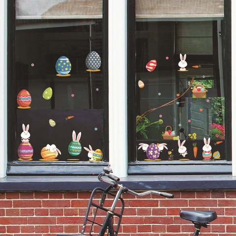 Autocollant de Fenêtre Lapin de Pâques Œufs Colorés Statique PVC Visible Double Face Collection Décorative Pour Surface en Verre Fête