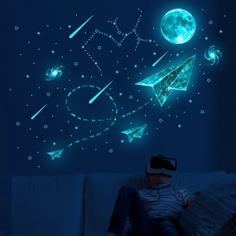 Luminous Glow In The Dark Wall Stickers PVC Universe Moon Star Paper Plane Decals For Kids Bedroom Ceiling Decoration