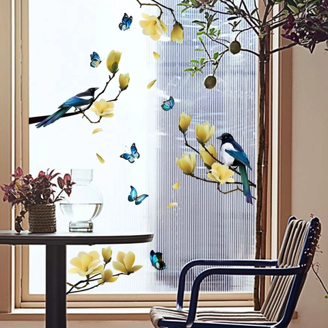Birds Yellow Flowers Blue Butterfly Static Window Clings PVC Removable Decorative Stickers For Glass Mirror Home Decor