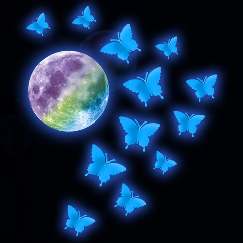 3D Luminous Butterfly And Moon Wall Stickers Glow In The Dark PVC Self Adhesive Fluorescent Decals Room Decor