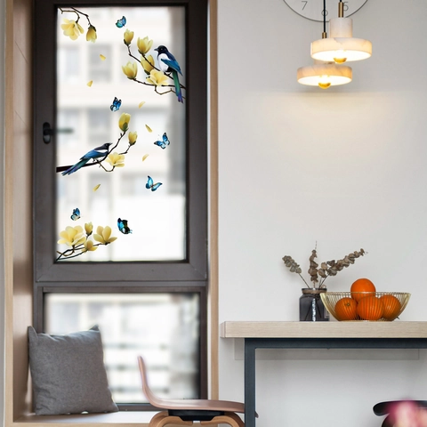 Birds Yellow Flowers Blue Butterfly Static Window Clings PVC Removable Decorative Stickers For Glass Mirror Home Decor
