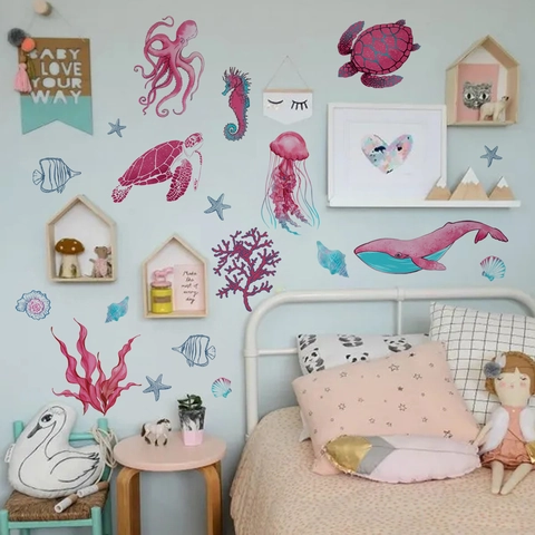 Ocean World Wall Stickers PVC Watercolor Sea Turtle Jellyfish Whale Decals For Kids Nursery Bedroom Decor Self Adhesive