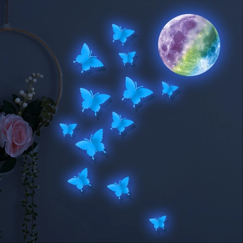 3D Luminous Butterfly And Moon Wall Stickers Glow In The Dark PVC Self Adhesive Fluorescent Decals Room Decor