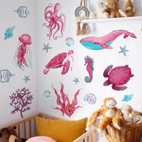 Ocean World Wall Stickers PVC Watercolor Sea Turtle Jellyfish Whale Decals For Kids Nursery Bedroom Decor Self Adhesive