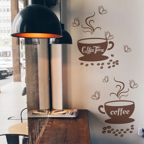 Coffee Time Wall Stickers PVC Waterproof Decals Coffee Cup Butterfly Pattern For Cafe Kitchen Dining Room Decor
