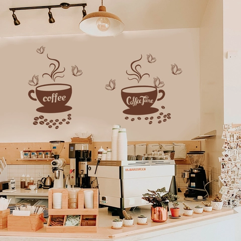 Coffee Time Wall Stickers PVC Waterproof Decals Coffee Cup Butterfly Pattern For Cafe Kitchen Dining Room Decor
