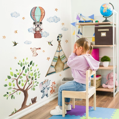 Vinilos Decorativos Animales Dibujos Animados Acuarela Globo Aerostático Elefante Koala Zorro Conejo Decoración Cuarto Niños PVC Autoadhesivo