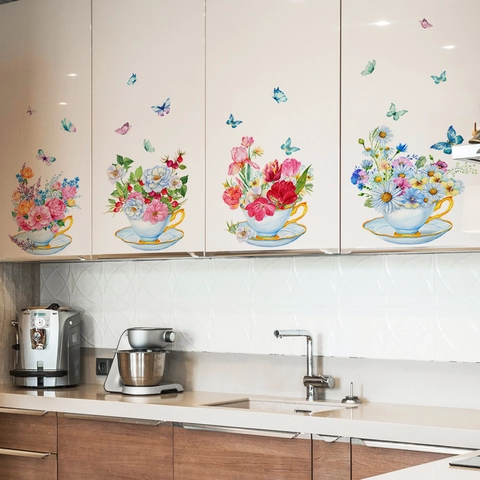 Floral Tea Cup Wall Stickers Butterfly Watercolor Pattern Self Adhesive PVC Decals For Kitchen Cabinet Home Decor