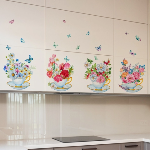 Floral Tea Cup Wall Stickers Butterfly Watercolor Pattern Self Adhesive PVC Decals For Kitchen Cabinet Home Decor