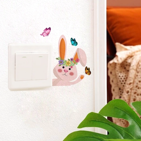 Autocollant Mural Lapin De Pâques Papillon PVC Imperméable Dessin Animé Décalcomanie Interrupteur Décoration Maison