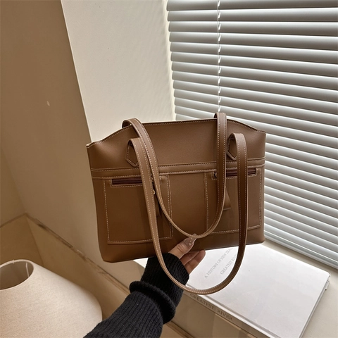 Bolso Tote de Cuero PU de Gran Capacidad Vintage para Mujer Costuras de Contraste Bolsillos con Cremallera Doble Bolso de Hombro