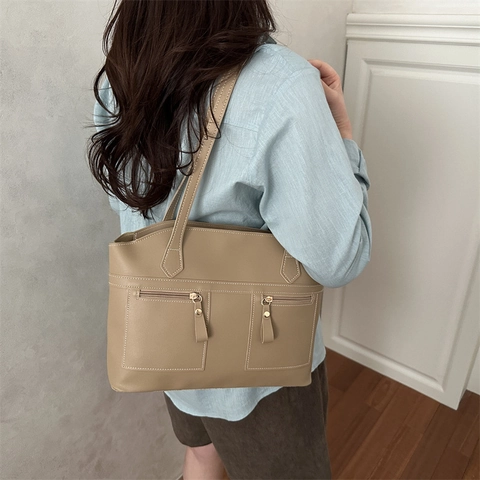 Bolso Tote de Cuero PU de Gran Capacidad Vintage para Mujer Costuras de Contraste Bolsillos con Cremallera Doble Bolso de Hombro