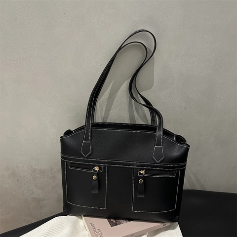 Bolso Tote Vintage de Cuero PU para Mujer Gran Capacidad Bolso de Hombro Con Costuras de Contraste Doble Bolsillo Delantero Con Cremallera