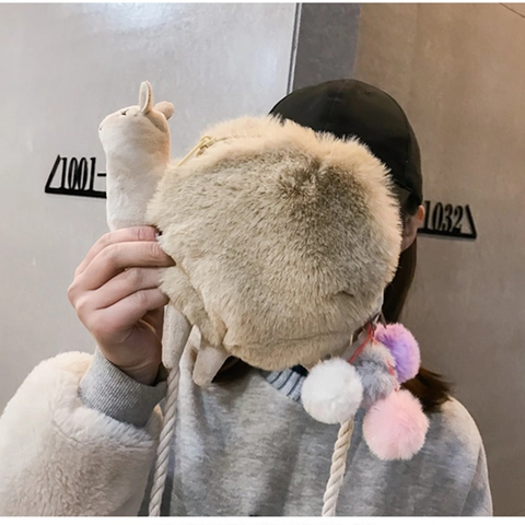 Cute Plush Alpaca Crossbody Bag Kawaii Cartoon Sheep Shoulder Bag With Colorful Fur Ball Charms Small Purse For Women Girls Gift