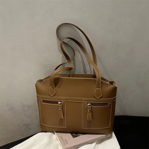 Borsa Tote da Donna in Pelle PU Retro Grande Capacità Borsa a Tracolla Con Cuciture a Contrasto Tasche Anteriori con Zip
