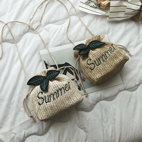 Strohgewebte Beuteltasche Sommer Stickerei Blatt Kordelzug Schulter Umhängetasche Klein Urlaub Strand Chic