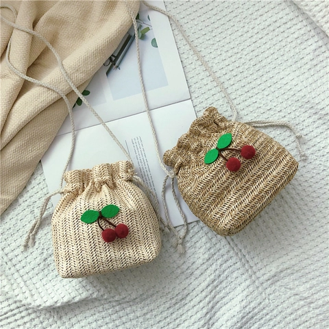 Women Summer Cherry Straw Woven Bucket Bag Sweet Rural Style Drawstring Small Crossbody Shoulder Bag For Vacation Beach