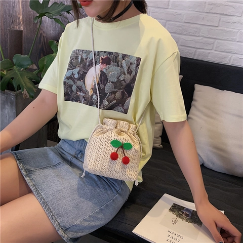 Women Summer Cherry Straw Woven Bucket Bag Sweet Rural Style Drawstring Small Crossbody Shoulder Bag For Vacation Beach