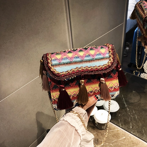 Bohemian Ethnic Woven Shoulder Bag For Women Multicolor Geometric Pattern Tassel Gold Chain Strap Crossbody Square Bag