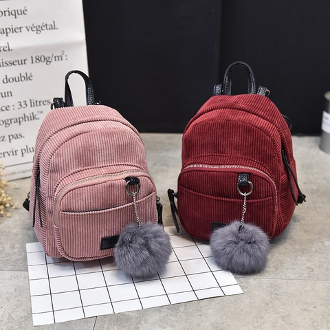 Women Vintage Corduroy Mini Backpack With Faux Fur Ball Charm Minimalist Solid Color Small School Bag Daily Casual Travel Backpack