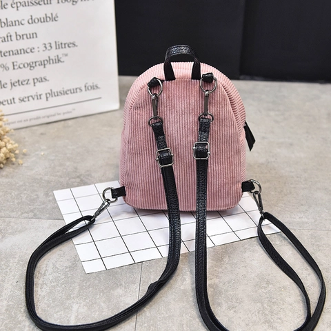 Women Vintage Corduroy Mini Backpack With Faux Fur Ball Charm Minimalist Solid Color Small School Bag Daily Casual Travel Backpack