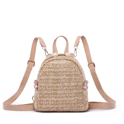 Women Mini Straw Woven Backpack Bohemian Artificial Pearl Decor Summer Beach Casual Small Rucksack With Adjustable Straps