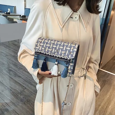 Borsa a Spalla in Tweed Intrecciato per Donna Decorazione con Künstliche Perle Rivetti Nappine Tracolla a Catena Vintage Elegante Borsa Quadrata
