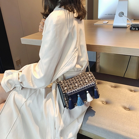 Borsa a Spalla in Tweed Intrecciato per Donna Decorazione con Künstliche Perle Rivetti Nappine Tracolla a Catena Vintage Elegante Borsa Quadrata