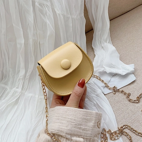 Little Girls Mini Round Saddle Shoulder Bag PU Leather Gold Metal Chain Strap Crossbody Coin Purse Solid Color Fashion Accessory
