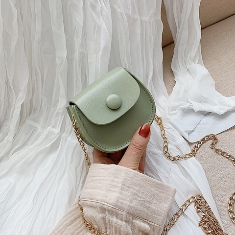 Little Girls Mini Round Saddle Shoulder Bag PU Leather Gold Metal Chain Strap Crossbody Coin Purse Solid Color Fashion Accessory