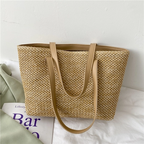 Große Kapazität Sommer Stroh Gewebte Tote Bag Für Damen Mode Strand Urlaub Schulterbeutel Tasche Khaki Cremeweiß Lässige Tasche